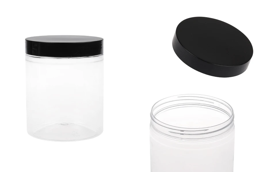 Pot pour sels de bain de 750ml en plastique transparent avec couvercle noir 100 x 120 mm Pot pour sels de bain de 750ml en plastique transparent avec couvercle noir 100 x 120 mm