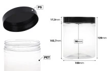 Pot pour sels de bain de 750ml en plastique transparent avec couvercle noir 100 x 120 mm Pot pour sels de bain de 750ml en plastique transparent avec couvercle noir 100 x 120 mm