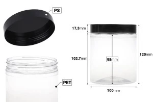 Βάζο για άλατα μπάνιου 750 ml πλαστικό διάφανο με μαύρο καπάκι 100x120 mm-2