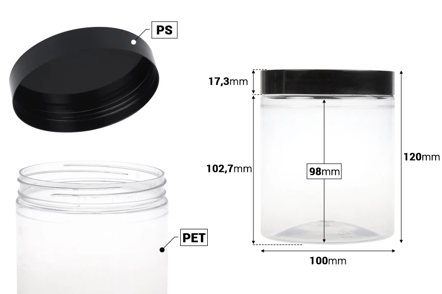 Pot pour sels de bain de 750ml en plastique transparent avec couvercle noir 100 x 120 mm Pot pour sels de bain de 750ml en plastique transparent avec couvercle noir 100 x 120 mm
