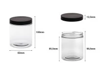 Transparent 500ml plastic jar for bath soaks with black cap in size 83x100 mm Transparent 500ml plastic jar for bath soaks with black cap in size 83x100 mm