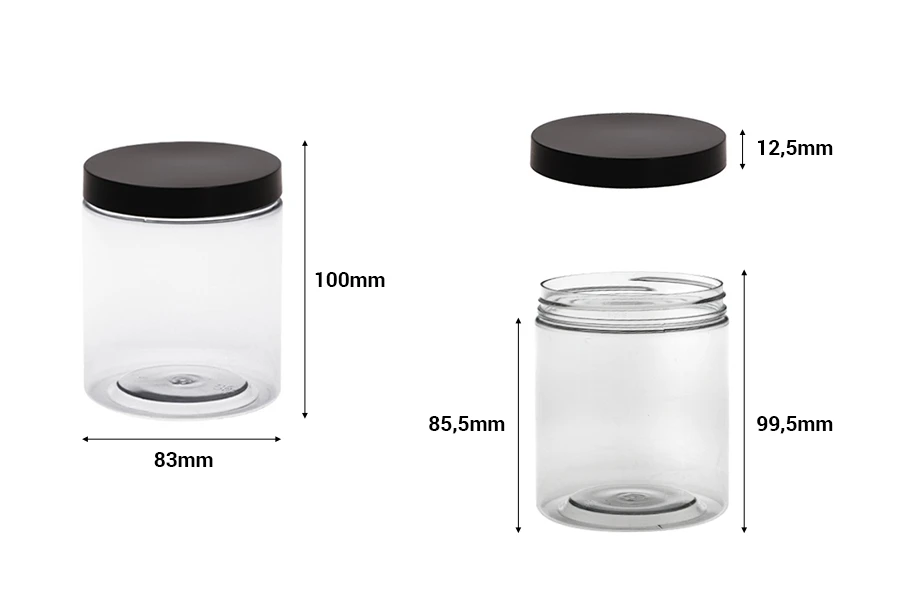 Transparent 500ml plastic jar for bath soaks with black cap in size 83x100 mm Transparent 500ml plastic jar for bath soaks with black cap in size 83x100 mm