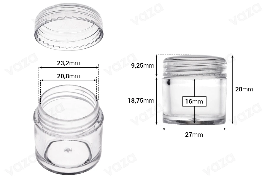 Βαζάκι 7 ml διάφανο, πλαστικό σωληνωτό 27x28 mm - 50 τμχ Βαζάκι 7 ml διάφανο, πλαστικό σωληνωτό 27x28 mm - 50 τμχ-εικόνα_διαστάσεις