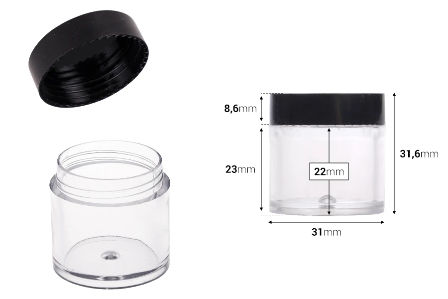 Βαζάκι 10 ml πλαστικό με μαύρο καπάκι 31x31,6 - 12 τμχ