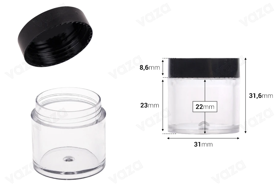 Βαζάκι 10 ml πλαστικό με μαύρο καπάκι 31x31,6 - 12 τμχ-εικόνα_διαστάσεις