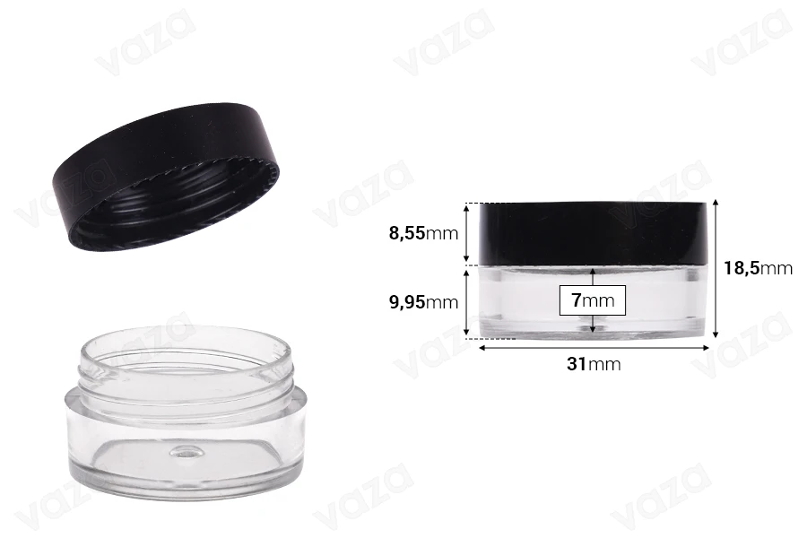 5ml transparent plastic jar with black cap in size 31x18,5 mm - 12 pcs 5ml transparent plastic jar with black cap in size 31x18,5 mm - 12 pcs-image_dimensions