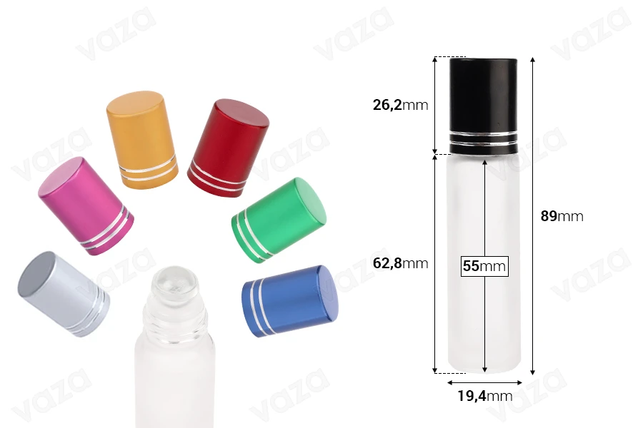 Φιάλη γυάλινη Rollon 10 ml αμμοβολής με γυάλινη μπίλια σε διάφορα χρώματα-εικόνα_διαστάσεις
