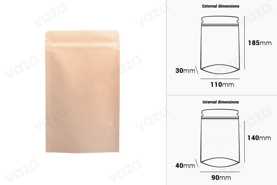 Σακουλάκια κραφτ τύπου Doy Pack, με κλείσιμο "zip", εσωτερική επένδυση αλουμινίου και δυνατότητα σφράγισης με θερμοκόλληση 110x30x185 mm - 50 τμχ Σακουλάκια κραφτ τύπου Doy Pack, με κλείσιμο "zip", εσωτερική επένδυση αλουμινίου και δυνατότητα σφράγισης με θερμοκόλληση 110x30x185 mm - 50 τμχ-εικόνα_διαστάσεις