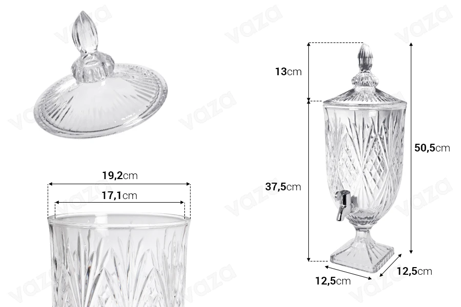 Γυάλα 5000 ml με βρυσάκι και καπάκι, κυλινδρική με τετράγωνη βάση-εικόνα_διαστάσεις