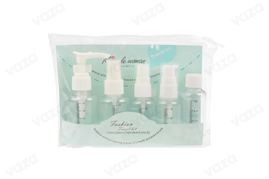 Set me shishe mini për udhëtim në çantë plastike me mbyllje zip – 5 copë   -imazh_produkt