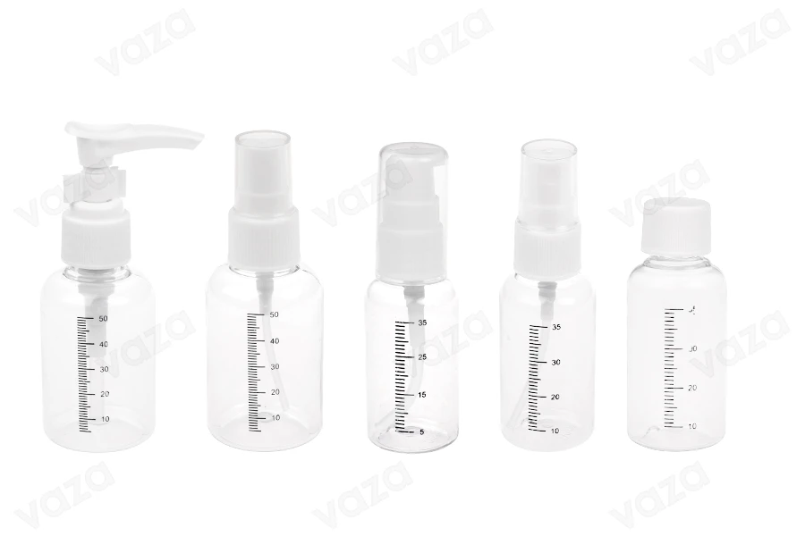 Set me shishe mini për udhëtim në çantë plastike me mbyllje zip – 5 copë   -imazh_grup