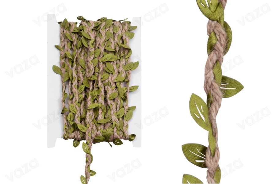 Jute rope braided with green leaves, 7 mm wide (one piece is 10 meters long)-image_product