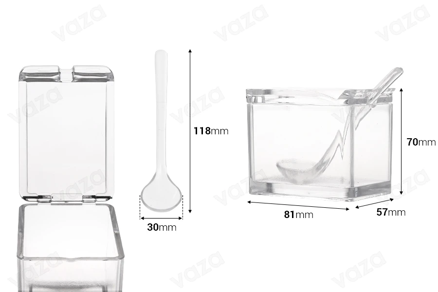 Schachtel aus Kunststoff 81x57x70 mm transparent mit Löffel Schachtel aus Kunststoff 81x57x70 mm transparent mit Löffel-bildabmessungen