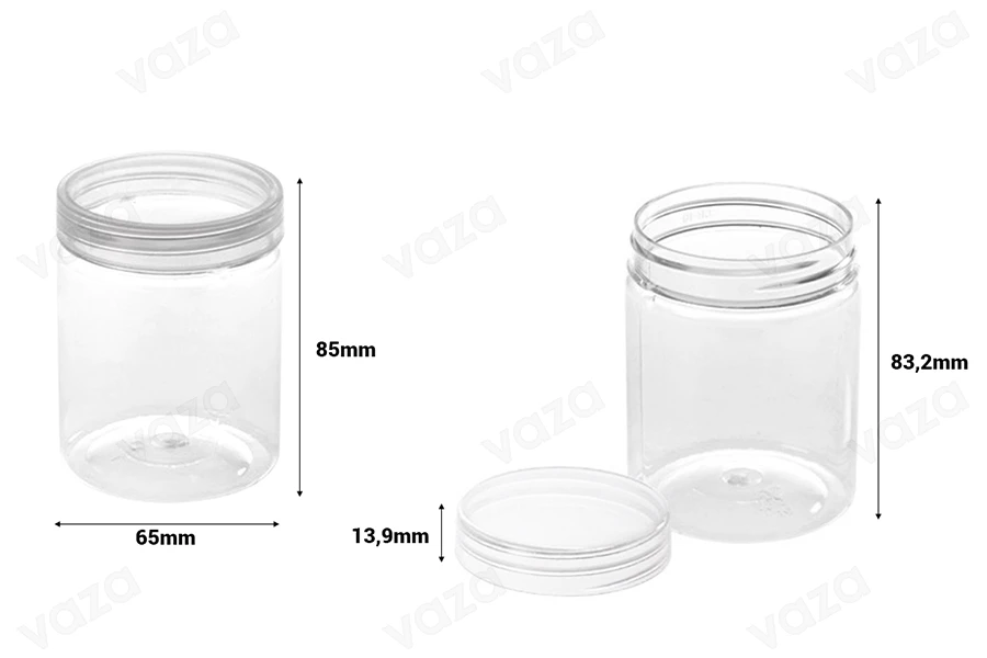 Transparente Pet Dose 200ml 65x85 mm mit Deckel - 12 Stücke Transparente Pet Dose 200ml 65x85 mm mit Deckel - 12 Stücke-bildabmessungen