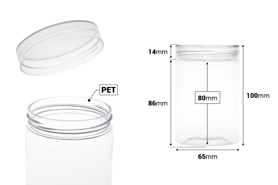 Βαζάκι 250 ml πλαστικό (PET) 65x100 mm διάφανο με καπάκι - 12 τμχ