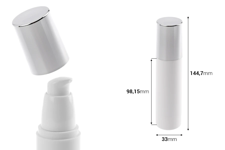 Μπουκάλι airless λευκό 50 ml για κρέμα με ασημί καπάκι Μπουκάλι airless λευκό 50 ml για κρέμα με ασημί καπάκι