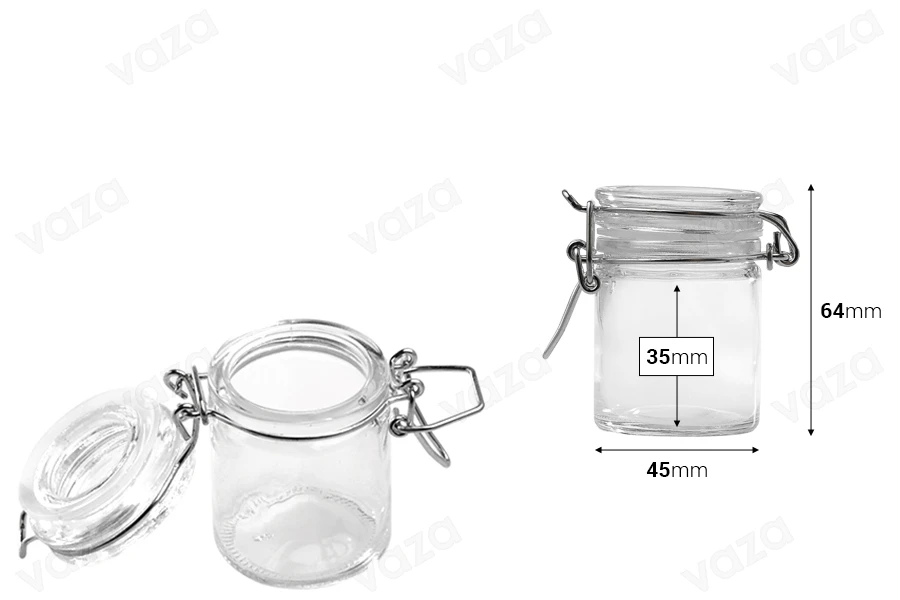 Pot de verre rond de 40ml 65 x 45 mm avec fermeture hermétique (fil de fer et caoutchouc sur le couvercle)-photo_dimensions
