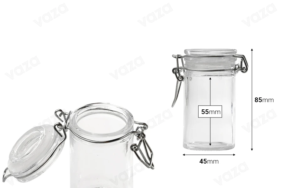 60ml round glass jar with airtight lid in size 85x45 mm (lid with transparent rubber seal and stainless wire) 60ml round glass jar with airtight lid in size 85x45 mm (lid with transparent rubber seal and stainless wire)-image_dimensions