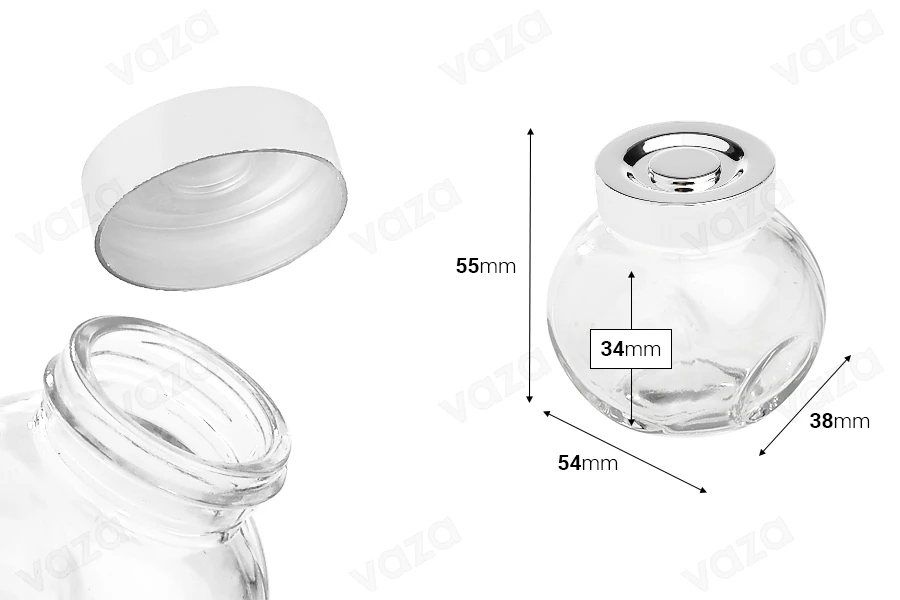 50ml tilted glass jar with silver plastic cap. The jar stands upright or tilted-image_dimensions