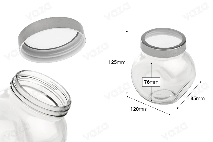 Pot en verre de 600 ml avec deux fonds et couvercle en plastique argenté-photo_dimensions