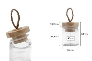 Βάζο 40 ml γυάλινο στρογγυλό 62x45 mm με ξύλινο καπάκι και κορδόνι-2