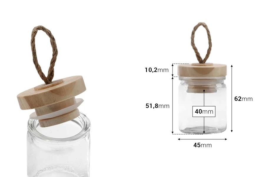 Pot en verre rond de 40ml 62 x 45 mm avec couvercle en bois et cordelette