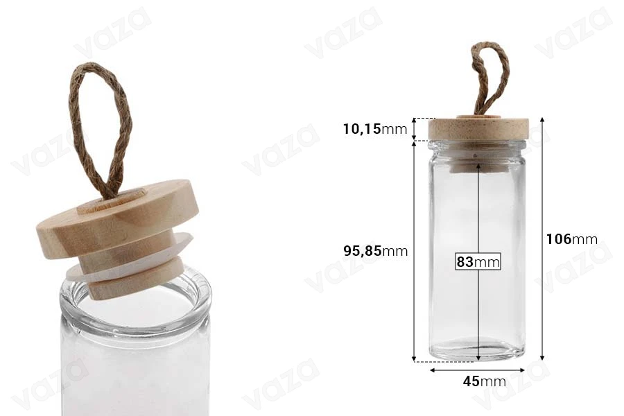 Βάζο 90 ml γυάλινο στρογγυλό 106x45 mm με ξύλινο καπάκι και κορδόνι-εικόνα_διαστάσεις