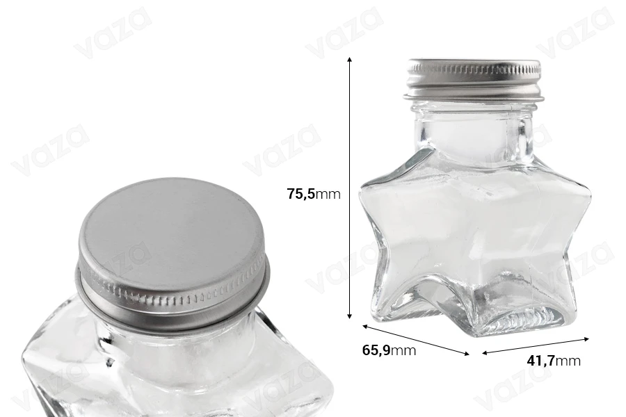 Βαζάκι 60 ml γυάλινο σε σχήμα αστεριού με ασημί καπάκι αλουμινίου Βαζάκι 60 ml γυάλινο σε σχήμα αστεριού με ασημί καπάκι αλουμινίου-εικόνα_διαστάσεις