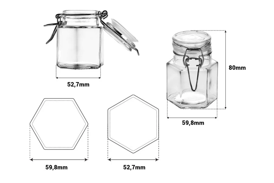 Drahtbügelglas 100 ml 53x80 mm sechseckig