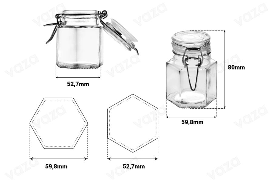 Βάζο 100 ml γυάλινο εξάγωνο 53x80 mm με αεροστεγές κλείσιμο (σύρμα και λάστιχο στο καπάκι)-εικόνα_διαστάσεις