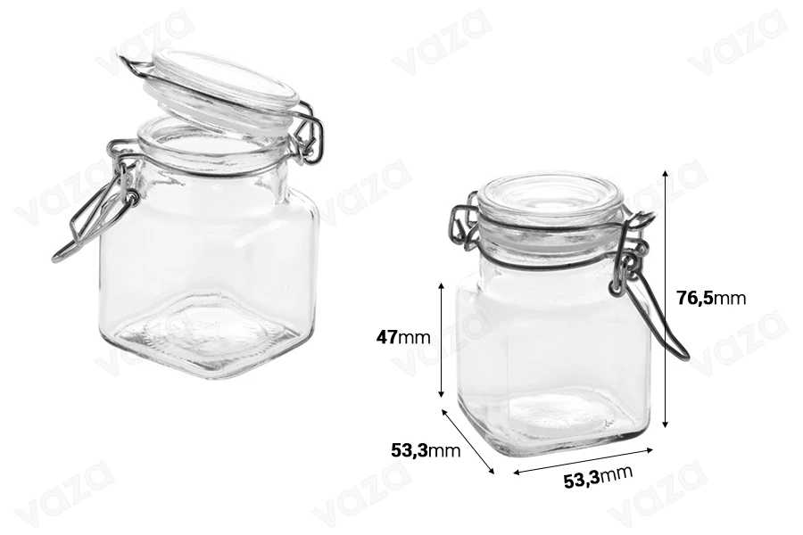 Βάζο 100 ml γυάλινο τετράγωνο 54x76 mm με αεροστεγές κλείσιμο (σύρμα και λάστιχο στο καπάκι)-εικόνα_διαστάσεις