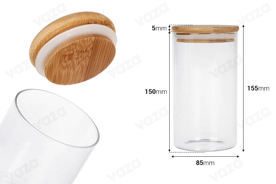 Βαζάκι γυάλινο 700 ml, στρογγυλό με ξύλινο καπάκι και λάστιχο-εικόνα_διαστάσεις