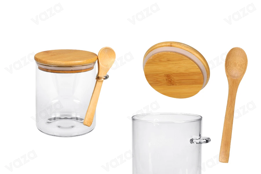 Jar 750 ml glass, round 100x120 mm with spoon and wooden cap-image_product
