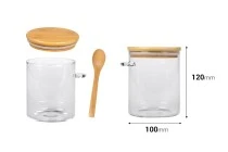 Βάζο 750 ml γυάλινο, στρογγυλό 100x120 mm με κουταλάκι και ξύλινο καπάκι