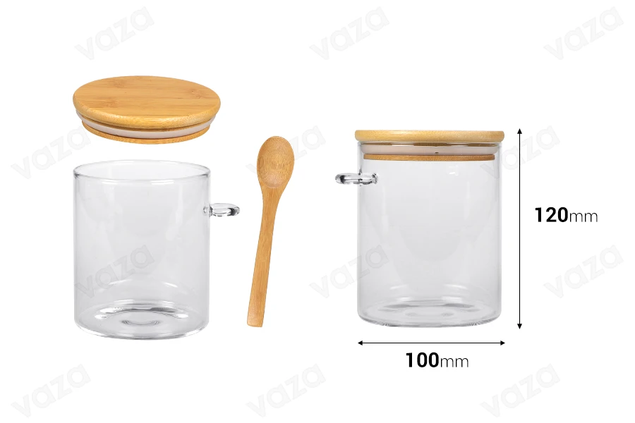 Jar 750 ml glass, round 100x120 mm with spoon and wooden cap-image_dimensions