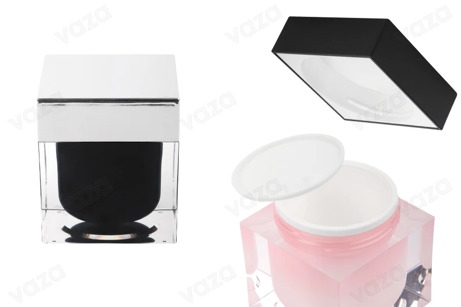Kavanoz elegant akrilik për krem 100 ml me kapak ngjyrë argjendi, mbulesë-mbrojtëse në kapak dhe në kavanoz-imazh_produkt