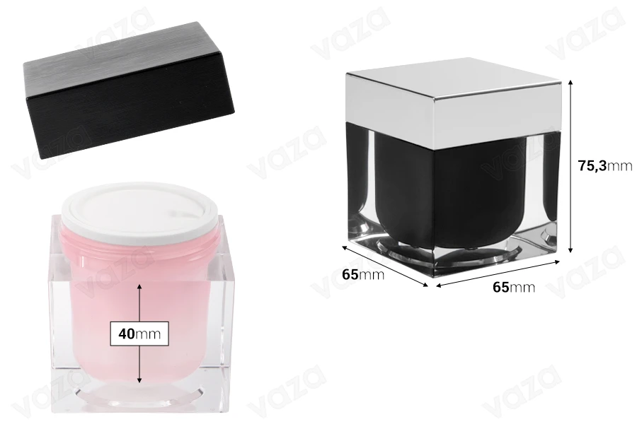 Kavanoz elegant akrilik për krem 100 ml me kapak ngjyrë argjendi, mbulesë-mbrojtëse në kapak dhe në kavanoz-imazh_dimensione