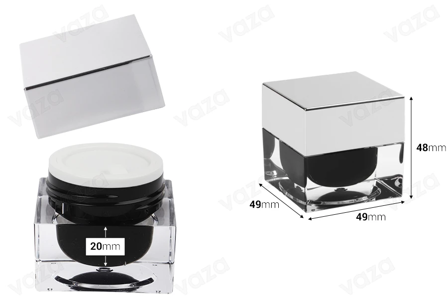 Βάζο πολυτελείας 15 ml για κρέμα, ακρυλικό με ασημί καπάκι, πλαστικό παρέμβυσμα στο βάζο και εσωτερικό στο καπάκι-εικόνα_διαστάσεις