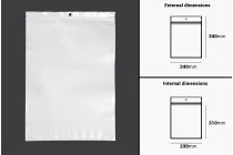 Σακουλάκια πλαστικά με κλείσιμο zip 240x340 mm, λευκή πίσω όψη και διάφανο μπροστά, με τρύπα και δυνατότητα σφράγισης με θερμοκόλληση - 100 τμχ Σακουλάκια πλαστικά με κλείσιμο zip 240x340 mm, λευκή πίσω όψη και διάφανο μπροστά, με τρύπα και δυνατότητα σφράγισης με θερμοκόλληση - 100 τμχ