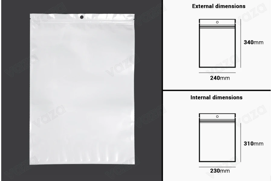 Qese plastike me mbyllje zip 240x340 mm, pjesa e pasme e bardhë dhe transparente në pjesën e përparme, me vrimë dhe mundësi vulosjeje me ngjitje termike – 100 copë.-εικόνα_διαστάσεις