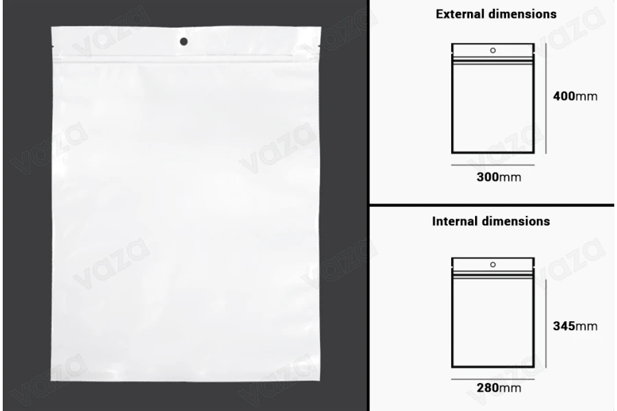 Σακουλάκια πλαστικά με κλείσιμο zip 300x400 mm, λευκή πίσω όψη και διάφανο μπροστά, με τρύπα και δυνατότητα σφράγισης με θερμοκόλληση - 100 τμχ-εικόνα_διαστάσεις