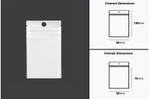 Σακουλάκια πλαστικά με κλείσιμο zip 60x100 mm, λευκή πίσω όψη και διάφανο μπροστά, με τρύπα και δυνατότητα σφράγισης με θερμοκόλληση - 100 τμχ Σακουλάκια πλαστικά με κλείσιμο zip 60x100 mm, λευκή πίσω όψη και διάφανο μπροστά, με τρύπα και δυνατότητα σφράγισης με θερμοκόλληση - 100 τμχ
