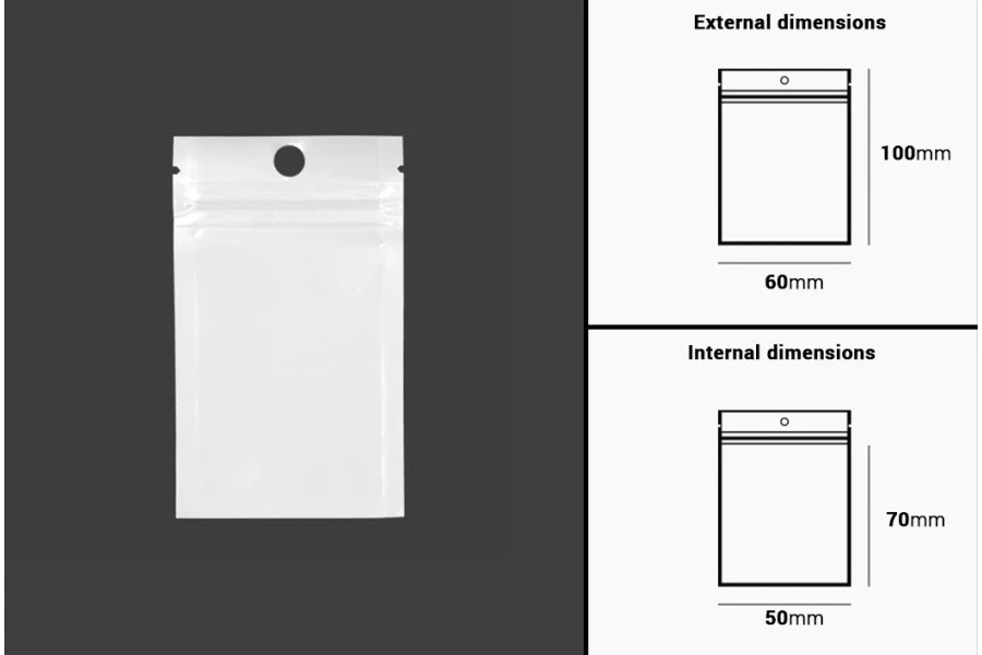 Σακουλάκια πλαστικά με κλείσιμο zip 60x100 mm, λευκή πίσω όψη και διάφανο μπροστά, με τρύπα και δυνατότητα σφράγισης με θερμοκόλληση - 100 τμχ Σακουλάκια πλαστικά με κλείσιμο zip 60x100 mm, λευκή πίσω όψη και διάφανο μπροστά, με τρύπα και δυνατότητα σφράγισης με θερμοκόλληση - 100 τμχ