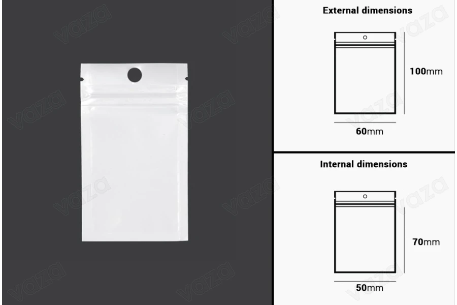 Qese plastike me mbyllje zip 60x100 mm, pjesa e pasme e bardhë dhe transparente në pjesën e përparme, me vrimë dhe mundësi vulosjeje me ngjitje termike – 100 copë.-imazh_dimensione