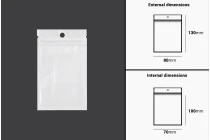 Σακουλάκια πλαστικά με κλείσιμο zip 80x130 mm, λευκή πίσω όψη και διάφανο μπροστά, με τρύπα και δυνατότητα σφράγισης με θερμοκόλληση - 100 τμχ Σακουλάκια πλαστικά με κλείσιμο zip 80x130 mm, λευκή πίσω όψη και διάφανο μπροστά, με τρύπα και δυνατότητα σφράγισης με θερμοκόλληση - 100 τμχ