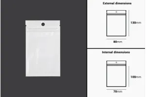Σακουλάκια πλαστικά με κλείσιμο zip 80x130 mm, λευκή πίσω όψη  και διάφανο μπροστά, με τρύπα και δυνατότητα σφράγισης με θερμοκόλληση - 100 τμχ-2