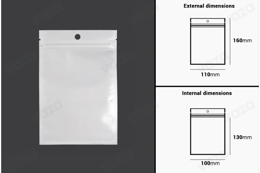 Σακουλάκια πλαστικά με κλείσιμο zip 110x160 mm, λευκή πίσω όψη και διάφανο μπροστά, με τρύπα και δυνατότητα σφράγισης με θερμοκόλληση - 100 τμχ-εικόνα_διαστάσεις