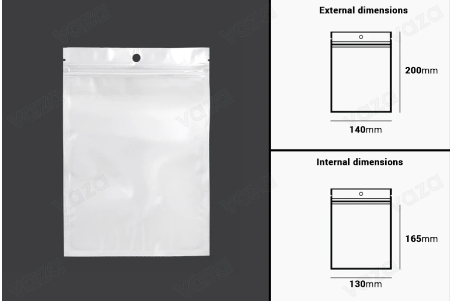 Σακουλάκια πλαστικά με κλείσιμο zip 140x200 mm, λευκή πίσω όψη και διάφανο μπροστά, με τρύπα και δυνατότητα σφράγισης με θερμοκόλληση - 100 τμχ-εικόνα_διαστάσεις