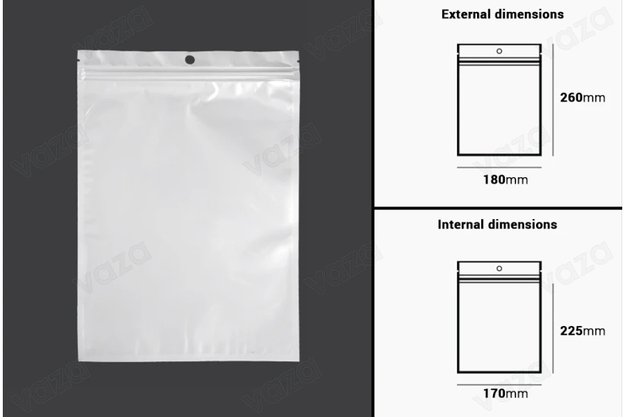 Σακουλάκια πλαστικά με κλείσιμο zip 180x260 mm, λευκή πίσω όψη και διάφανο μπροστά, με τρύπα και δυνατότητα σφράγισης με θερμοκόλληση - 100 τμχ-εικόνα_διαστάσεις
