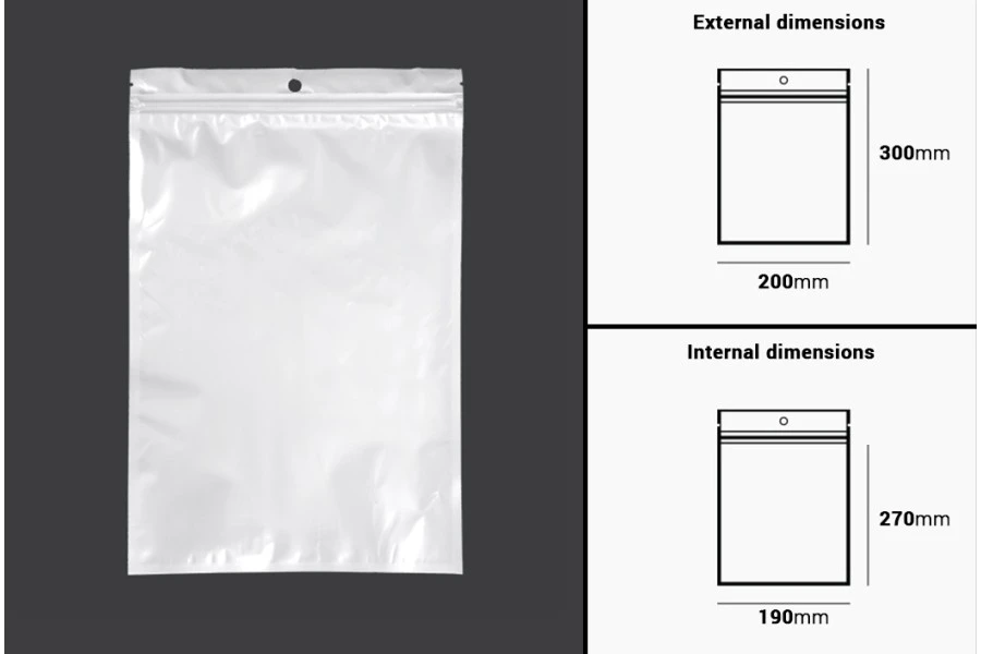 Σακουλάκια πλαστικά με κλείσιμο zip 200x300 mm, λευκή πίσω όψη και διάφανο μπροστά, με τρύπα και δυνατότητα σφράγισης με θερμοκόλληση - 100 τμχ Σακουλάκια πλαστικά με κλείσιμο zip 200x300 mm, λευκή πίσω όψη και διάφανο μπροστά, με τρύπα και δυνατότητα σφράγισης με θερμοκόλληση - 100 τμχ